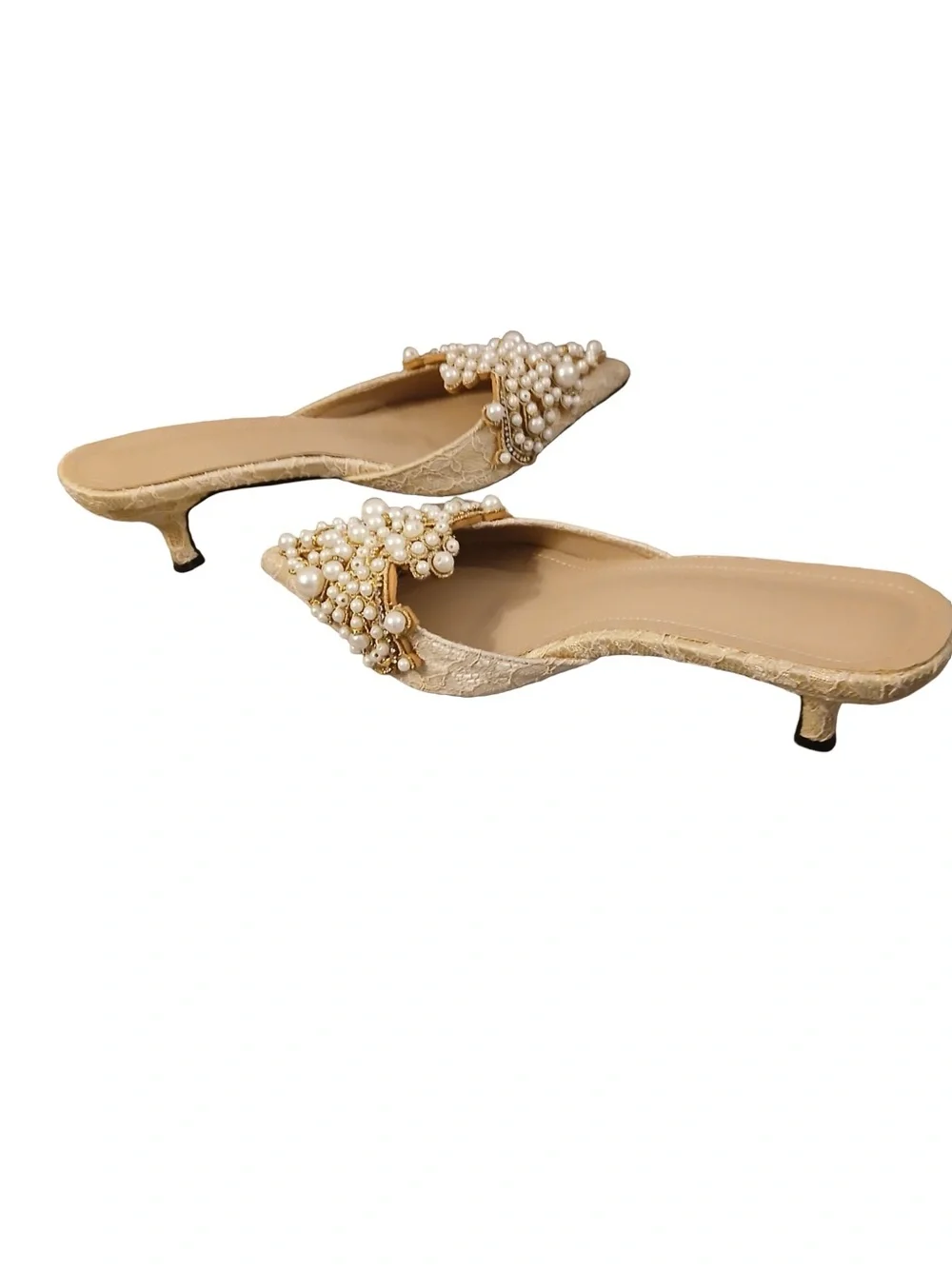 Embellished Lace Pearl Kitten Heel Regencycore Victorian Colonial Pointy Shoes 9